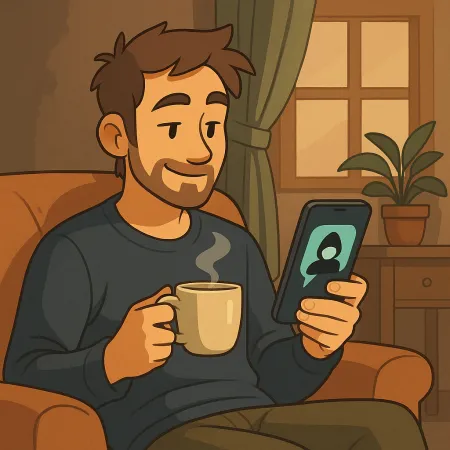A bearded man comfortably sitting in an armchair, holding a steaming cup of coffee in one hand and a smartphone in the other. He smiles while looking at the screen, where an anonymous silhouette is displayed. The indoor atmosphere is warm, with a plant, a curtain, and a window in the background.