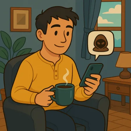 Man sitting comfortably in a chair, holding a steaming cup of coffee and checking his smartphone, with a message bubble displaying an anonymous mask or hacker icon, in a cozy living room with a window, lamp, and plant