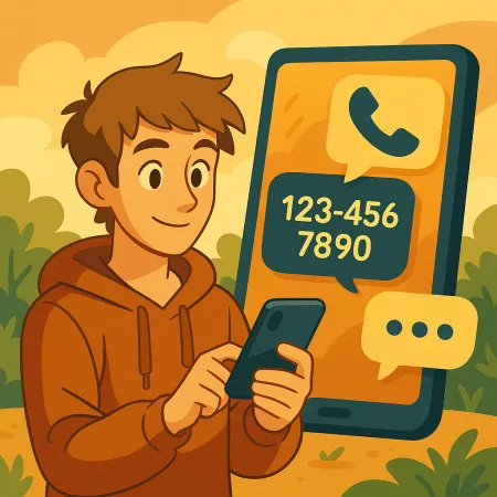 Smiling young man in a hoodie using his smartphone, with a large phone screen in the background displaying a call icon and a fictitious phone number (123-456-7890), in a stylized and warm outdoor setting