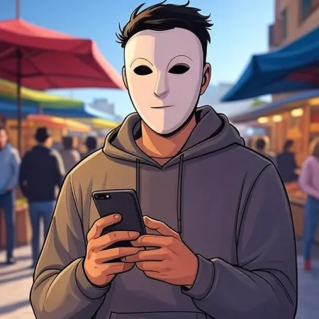 A young man in an animated style wearing a white mask and a grey hoodie, looking at his phone in an outdoor market.