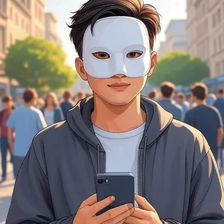 A young man in animated style wearing a white mask and a grey hoodie, looking at the camera while holding a smartphone in a crowded street.