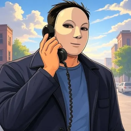 A man wearing a white mask, a dark jacket, and a blue t-shirt, speaking into the receiver of an old-fashioned black phone, with a city street in the background.