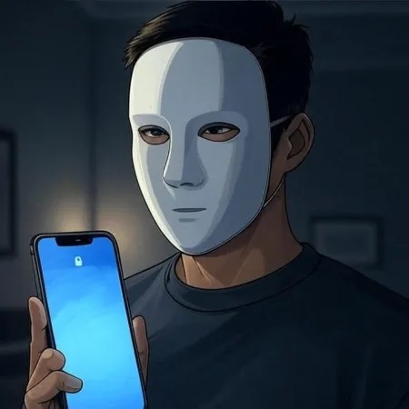A person wearing a white mask holding a smartphone with an active lock screen.