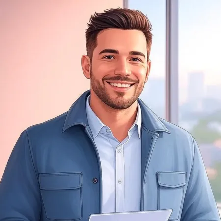 A smiling young man in smart casual attire in an office.