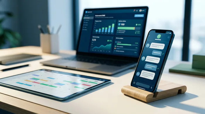 A split image showing a smartphone: on the left, a messaging interface with a scheduling option, and on the right, a reminder notification on a wooden desk.
