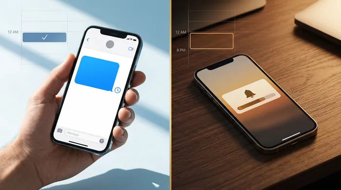 A smartphone displaying a messaging app placed on a light wood hair salon counter, with professional scissors and beauty products in the background.