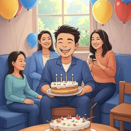 Smiling man holding a cake with five candles, surrounded by loved ones in a living room decorated with colorful balloons.