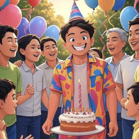 Smiling boy in a party hat holding a single candle cake, surrounded by guests and colorful balloons outdoors.