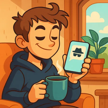 Illustration of a smiling young man sitting comfortably with a cup of coffee, holding a smartphone displaying an anonymous message icon with a hat and dark glasses
